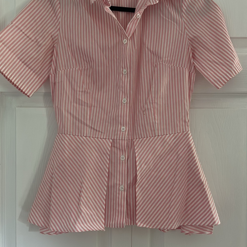 Red and White Short Sleeve Peplum Button Down Shirt